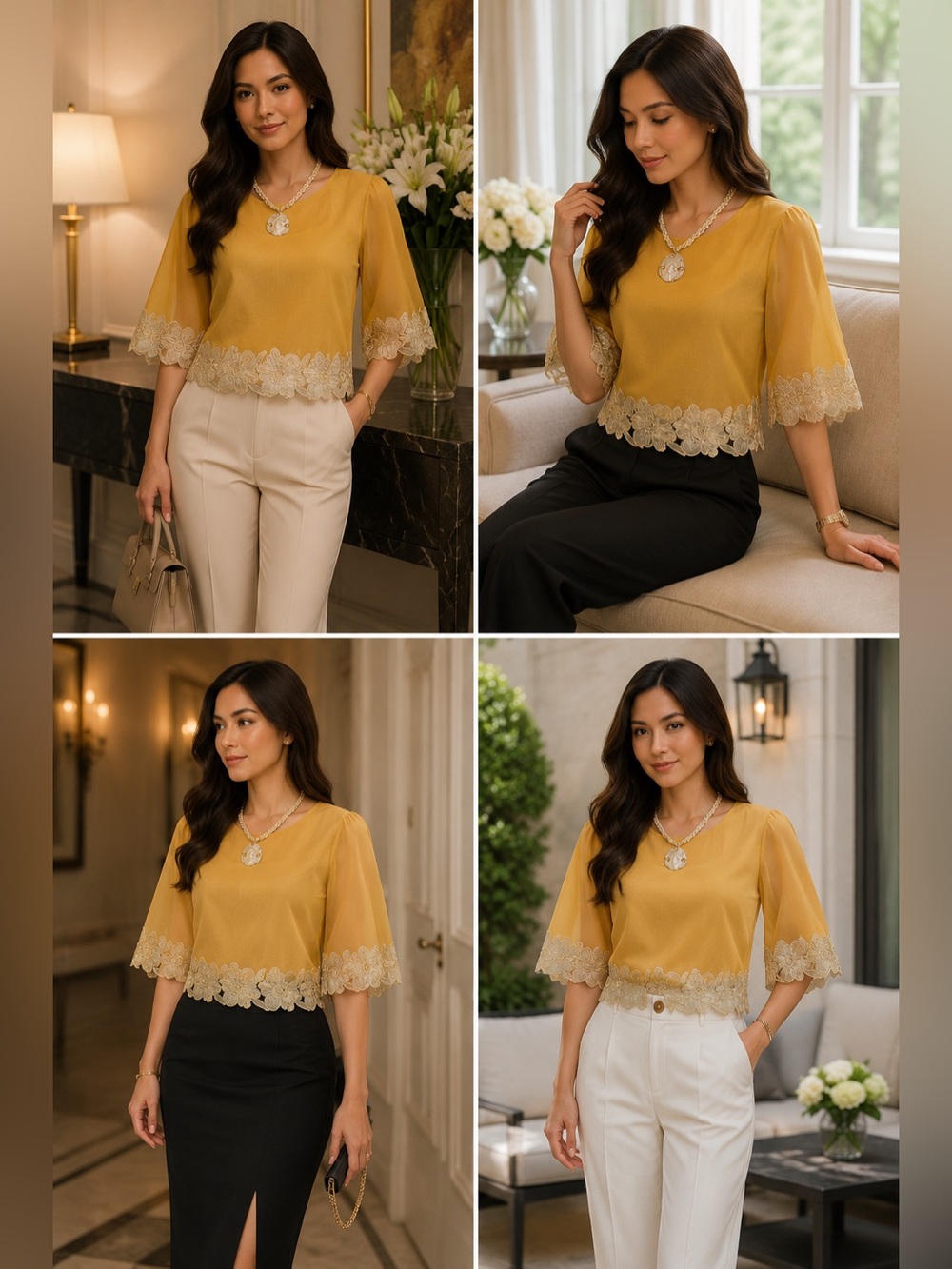 Filipiniana Kimona Bolero Blouse Elegant Gold Women's Top with Lace Trim
